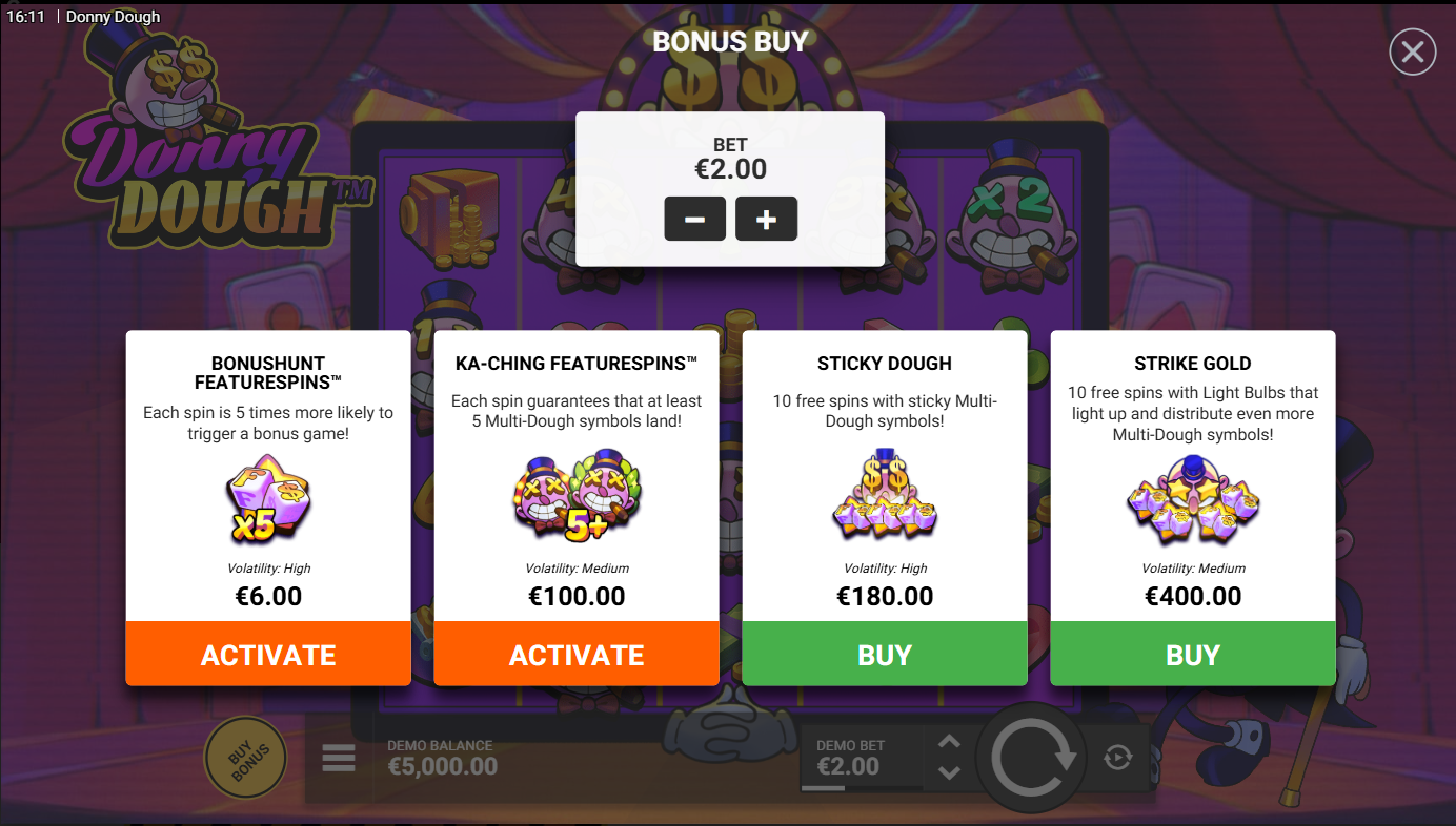 Menu Acquisto Bonus Donny Dough con FeatureSpins e opzioni di acquisto