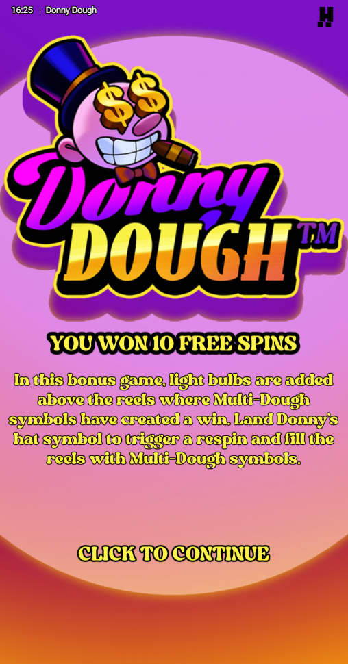 Schermata introduttiva del bonus Strike Gold di Donny Dough su mobile con lampadine e cappello di Donny
