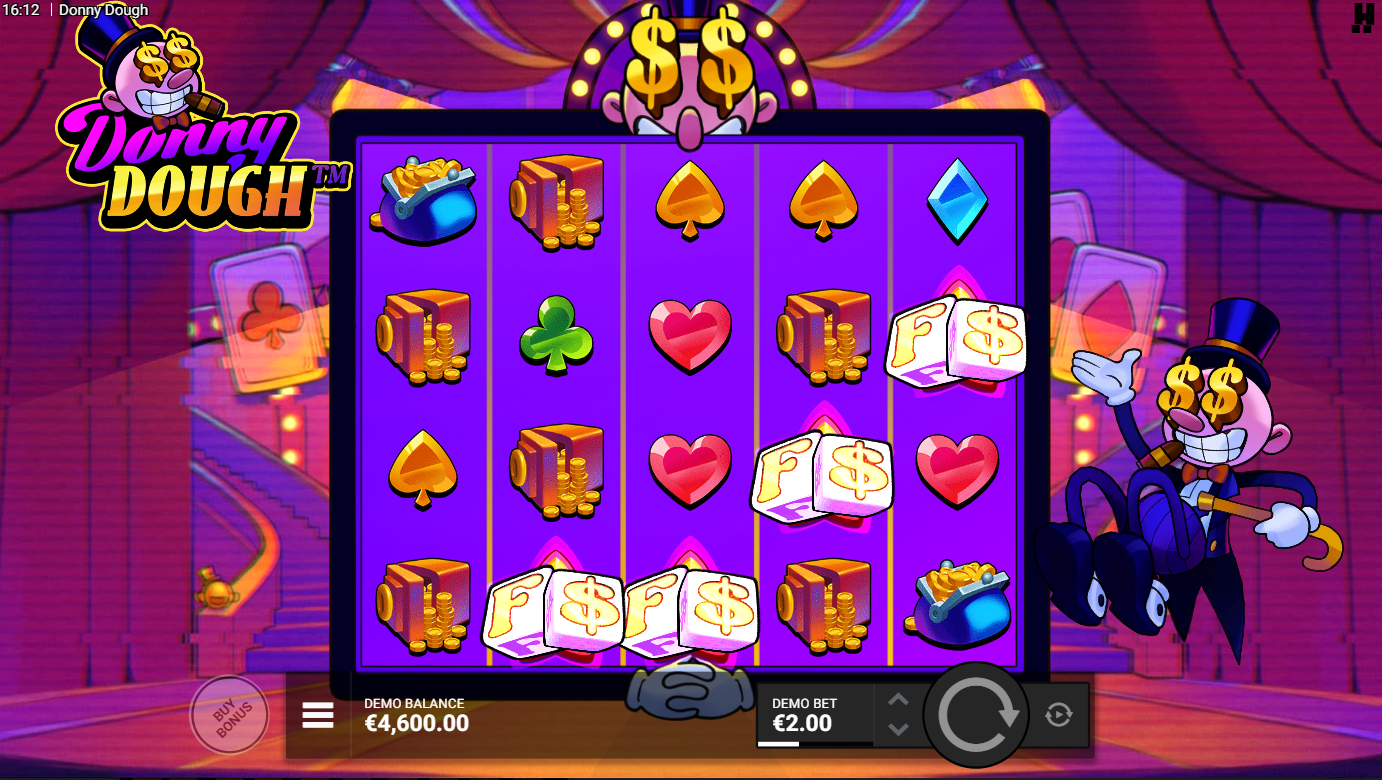 Gioco base Donny Dough con simboli scatter FS sulla griglia