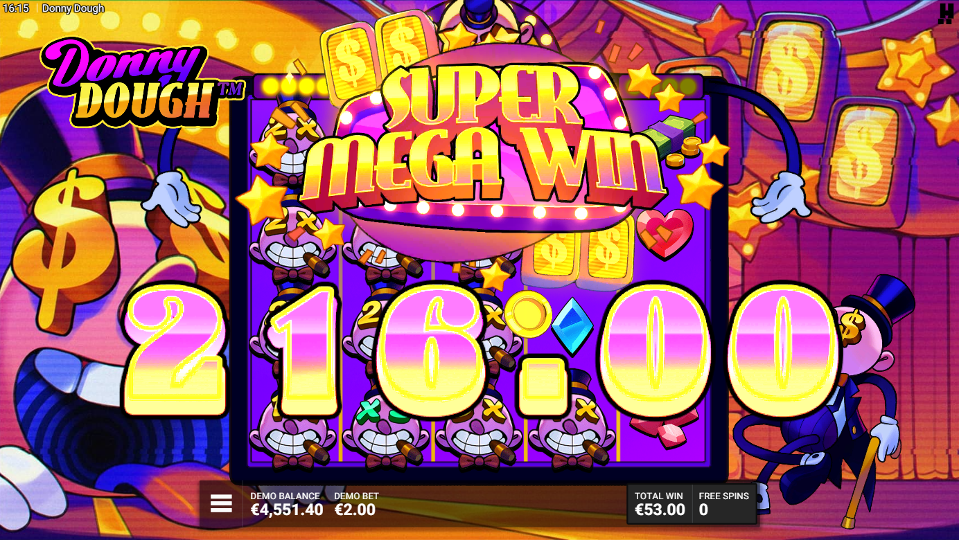 Donny Dough Super Mega Win celebration screen showing a large payout