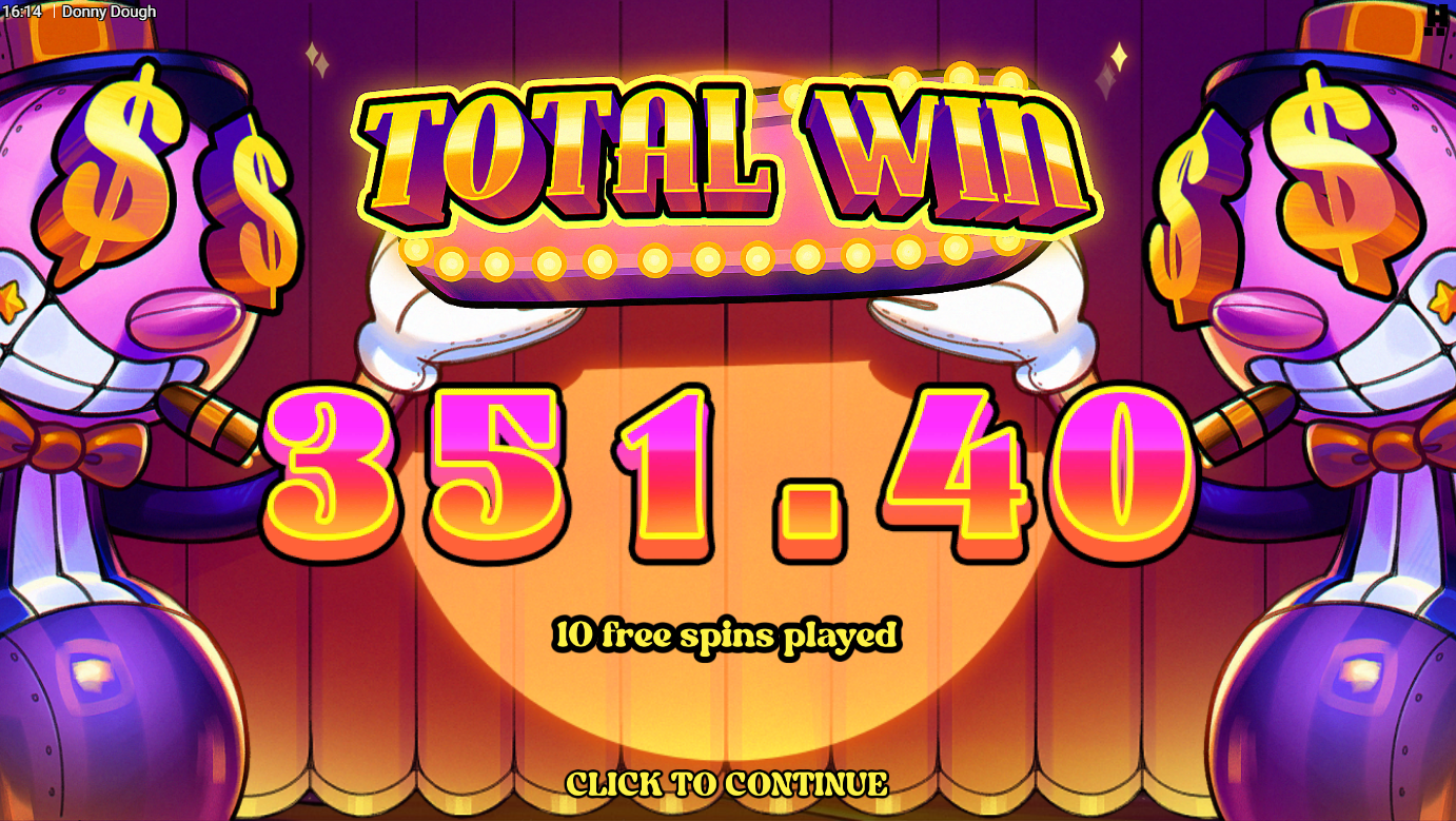 Donny Dough Total Win screen after a free spins bonus round