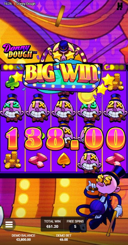Donny Dough Big Win celebration on mobile during a free spins round