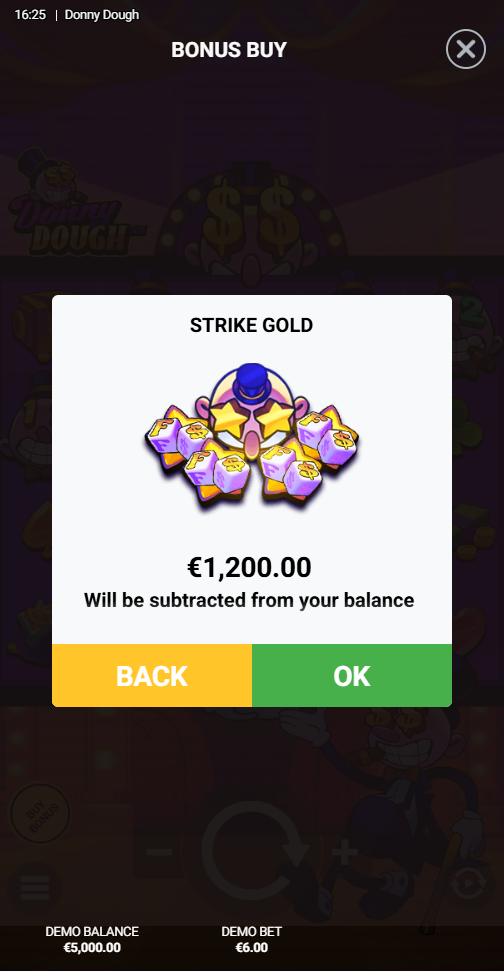 Donny Dough mobile Strike Gold bonus purchase confirmation screen