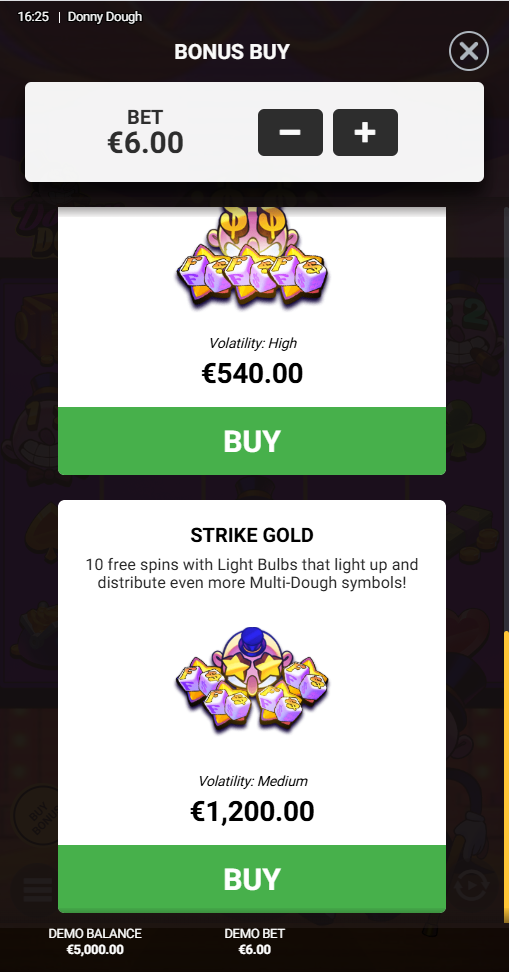 Donny Dough Bonus Buy menu on mobile with Sticky Dough and Strike Gold options