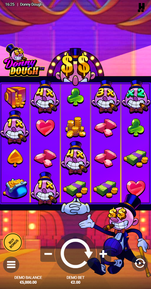 Donny Dough free demo on a mobile phone showing the 5x4 reel grid and spin controls